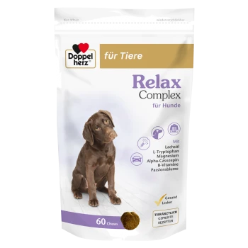 Hondensupplementverpakking gelabeld "Relax Complex für Hunde," met een bruine hond en benadrukt ingrediënten zoals L-Tryptofaan en Magnesium.