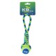 Un jouet pour chien coloré avec une balle de tennis verte et bleue attachée à une corde tressée, étiqueté "K9 FITNESS by ZEUS."