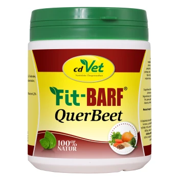 Behälter mit cdVet Fit-BARF QuerBeet Haustierergänzung, mit einem grünen Deckel, mit dem Text "100% NATUR" und Bildern von Gemüse.