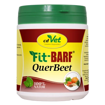 Behälter mit cdVet Fit-BARF QuerBeet Haustierergänzung, mit einem grünen Deckel, mit dem Text "100% NATUR" und Bildern von Gemüse.