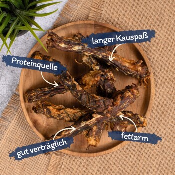 Premium-Hundekauartikel auf einer Holzoberfläche angeordnet, mit einer dekorativen grünen Pflanze im Hintergrund.