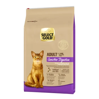 Select Gold Katzenfutterbeutel für Erwachsene, mit der Aufschrift "Sensitive Digestion", mit einer braunen Katze auf der Vorderseite und Details zu den Zutaten.