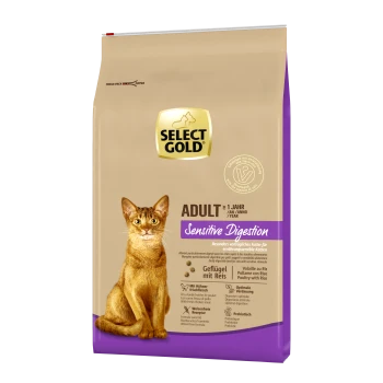 Sac de nourriture pour chats Select Gold pour adultes, étiqueté "Digestion Sensible", avec un chat brun sur le devant et des détails sur les ingrédients.
