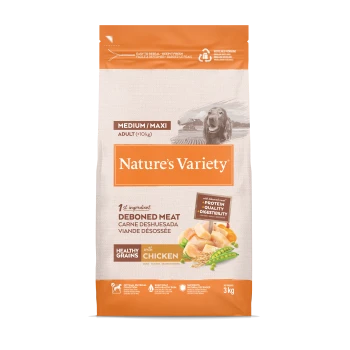 Sac de nourriture Nature's Variety pour chiens, Medium/Maxi Adulte (+10 kg), viande désossée au poulet, céréales saines, 3 kg, photo de chien.
