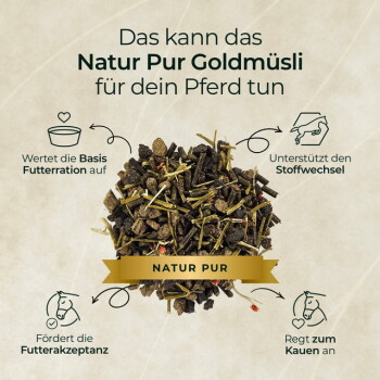 Haufen Natur Pur Goldmüsli Pferdefutter mit Text Das kann das Natur Pur Goldmüsli für dein Pferd tun und Vorteils-Icons.