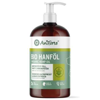 Braune Flasche mit AniForte Bio-Hanföl mit Pumpenkopf, beschriftet mit "BIO HANFÖL" und Text, der die Unterstützung für Fell, Haut und Immunsystem hervorhebt.