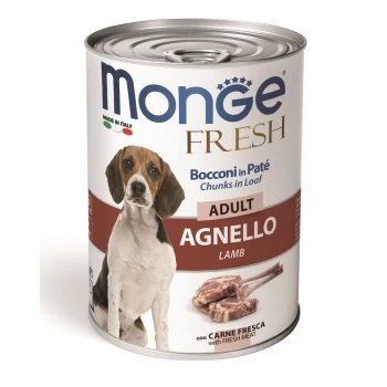 Dose Monge Fresh Hundefutter mit Lammstücken im Laib, beschriftet mit "Adult Agnello" und einer Hundesilhouette sowie dem Text "Made in Italy".