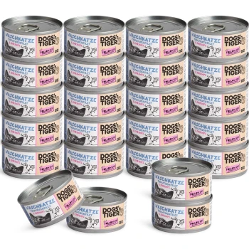 Ein Stapel von Haustierfutterdosen mit den Aufschriften "DOGS n TIGER" und "NASCHKATZE Thunfischfilet & Shrimp", mit bunten Grafiken und einem Aufreißdeckel.