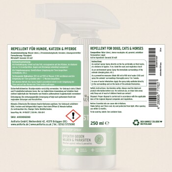Abwehrspray für Hunde, Katzen und Pferde; 250 ml. Enthält Wasser, Geraniol. Gebrauchsanweisung und Sicherheitshinweise sind enthalten.