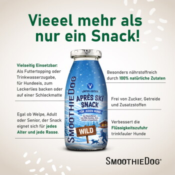 Blaue SmoothieDog-'Après Ski Snack WILD'-Hundeflasche, verschneites Etikett, Überschrift 'Vieeel mehr als nur ein Snack!'