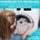 Eine Person legt ein Haustierbett in eine Waschmaschine. Der Text lautet "Einfache Maschinenwäsche bis 40°C oder Handwäsche," und "Schnell trocknend."