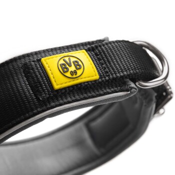 Schwarzes Haustierhalsband mit einem gelben Anhänger mit dem 'BVB 09'-Logo, das strapazierfähigen Stoff und einen Metall-D-Ring zur Leinenbefestigung zeigt.