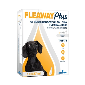 Box of FLEAWAY Plus spot-on solution for small dogs, 67 mg/60.3 mg, treats fleas, ticks, biting lice, 1 x 0.67 ml