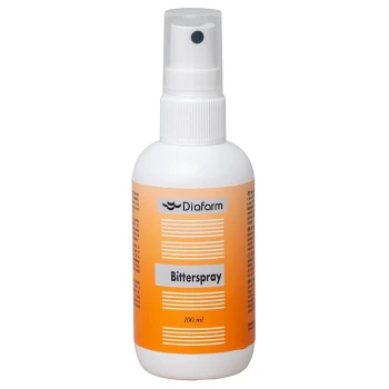 Eine 100 ml Sprühflasche Diafarm Bitterspray, mit einem orangefarbenen Etikett mit schwarzem Text, entworfen, um Haustiere vom Kauen abzuhalten.