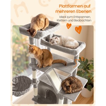 Grauer, weicher mehrstufiger Kratzbaum mit vier Katzen; sichtbarer Text: 'Plattformen auf mehreren Ebenen'.