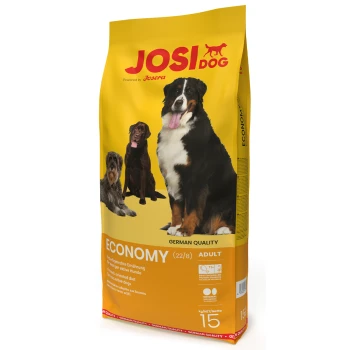 Hundefutterbeutel mit der Marke "JOSI DOG" powered by Josera, beschriftet mit "ECONOMY (22/8) ADULT" mit Bildern von drei Hunden.