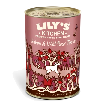 Lily's Kitchen Venison & Wild Boar Terrine dog food can with floral and dog illustrations, includes potatoes and butternut squash.