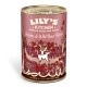 Lily's Kitchen Venison & Wild Boar Terrine dog food can with floral and dog illustrations, includes potatoes and butternut squash.