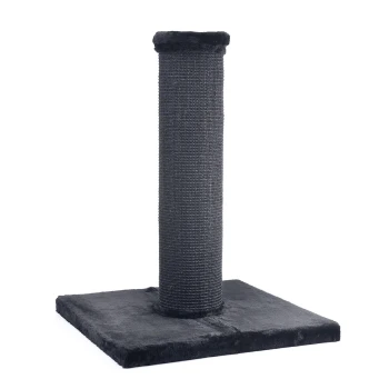 Kratzbaum Scratchpost Schwarzer Katzenkratzbaum mit einer hohen, strukturierten Säule und einer stabilen quadratischen Basis, entworfen für das Spielen und Kratzen von Katzen.