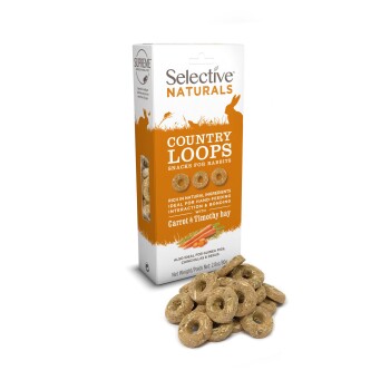 Selective Naturals Country Loops snacks for rabbits with carrot and timothy hay, also for guinea pigs, chinchillas, and degus.