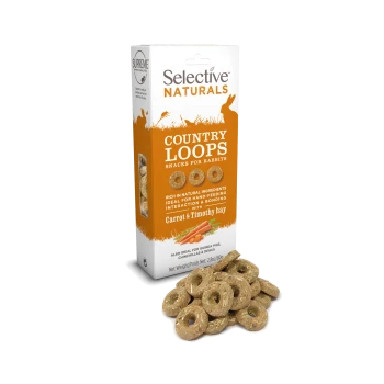 Selective Naturals Country Loops snacks for rabbits with carrot and timothy hay, also for guinea pigs, chinchillas, and degus.