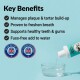 Pet dental additive pouring into bowl; "Key Benefits": reduces plaque, freshens breath, supports dental health; Made in UK.