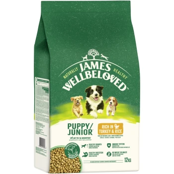 James Wellbeloved Puppy/Junior dog food bag, rich in turkey & rice, hypoallergenic, 12kg, promotes healthy growth, digestion, and immune system.
