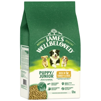 James Wellbeloved Puppy/Junior dog food bag, rich in turkey & rice, hypoallergenic, 12kg, promotes healthy growth, digestion, and immune system.
