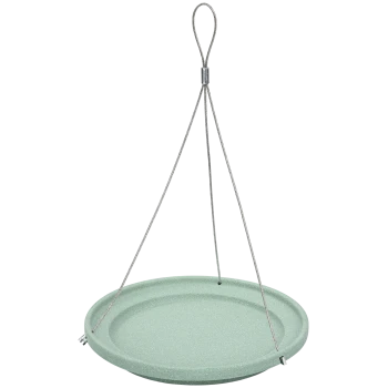 Hanging pet food dish in a soft green color, featuring a smooth, round surface and a sturdy metal wire for suspension.