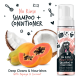 No Rinse Shampoo + Conditioner mit Papaya & Kokosnuss, 200ml Flasche, mit einem Cartoon-Hund, Kokosnüssen und Papayascheiben.