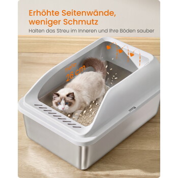 Weiße Katze in einer weißen Hauben-Katzentoilette auf Holzboden; sichtbarer Text: „Erhöhte Seitenwände, weniger Schmutz“ und „Tiefe 26 cm“.