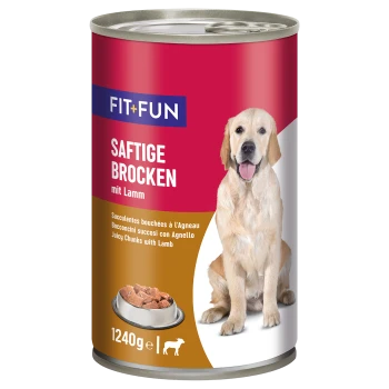 Dose Hundefutter mit der Aufschrift 'Fit + Fun Saftige Brocken mit Lamm', mit einem Golden Retriever und einer Schüssel saftiger Stücke mit Lamm.