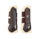 Braune Beinschützer für Pferde mit weichem Fleecefutter, mit verstellbaren Riemen und einem Logo, aus mehreren Blickwinkeln präsentiert.
