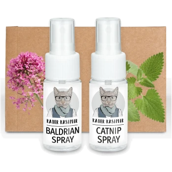 Zwei Sprühflaschen mit den Aufschriften "Baldrian Spray" und "Catnip Spray" auf einem braunen Kartonhintergrund, mit rosa und grünen Kräutern in der Nähe.