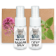 Zwei Sprühflaschen mit den Aufschriften "Baldrian Spray" und "Catnip Spray" auf einem braunen Kartonhintergrund, mit rosa und grünen Kräutern in der Nähe.