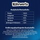 Informacje żywieniowe dla karmy dla zwierząt, wymieniające składniki: Białko 35,5%, Tłuszcz 19,5%, Popiół 8,5%, Błonnik 0,5%, Kwasy tłuszczowe Omega-6 2,6%.