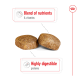 Two pieces of pet food kibble with text highlighting "Blend of nutrients & vitamins" and "Highly digestible proteins."