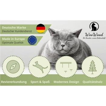 Eine graue Katze mit geschlossenen Augen sitzt neben dem WooWood-Logo, mit Text: "Deutsche Marke", "Hergestellt in Europa" und mehr.