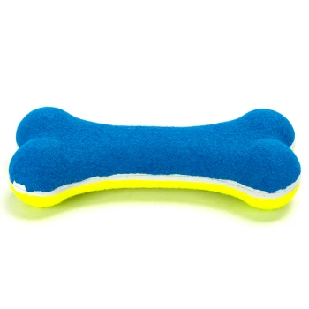 Blau-gelbes Hundespielzeug in Form eines Knochens, mit einer flauschigen Textur und abgerundeten Enden.
