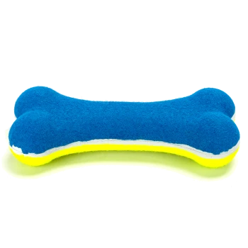 Blau-gelbes Hundespielzeug in Form eines Knochens, mit einer flauschigen Textur und abgerundeten Enden.