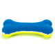 Blau-gelbes Hundespielzeug in Form eines Knochens, mit einer flauschigen Textur und abgerundeten Enden.