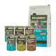 Eine Vielzahl von Haustierfutterprodukten mit der Bezeichnung "Wilderness" für erwachsene Katzen, einschließlich sechs Dosen und einem Beutel Trockenfutter, mit einer Katze auf der Verpackung.