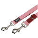 Pink and red nylon dog leash with metal clips and a label reading "Anione wild variety"