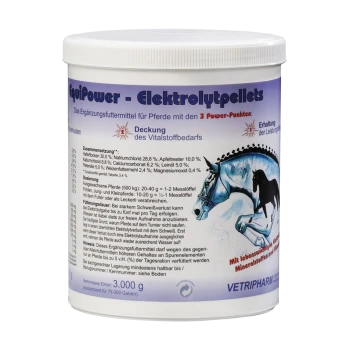 Behälter mit EquiPower Elektrolytpellets für Pferde, mit Zutaten und Dosierungsanweisungen, mit einer blauen Pferdegrafik.