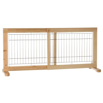 Holztiergitter mit Metallstäben, entworfen, um Haustiere zu halten, mit einer natürlichen Oberfläche und robuster Konstruktion.