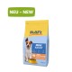 Hundefutterbeutel mit der Aufschrift 'MultiFit Mini Adult', der einen Hund und eine Schüssel mit Trockenfutter zeigt, mit den Zutaten Rindfleisch, Huhn und Mais. 4kg.