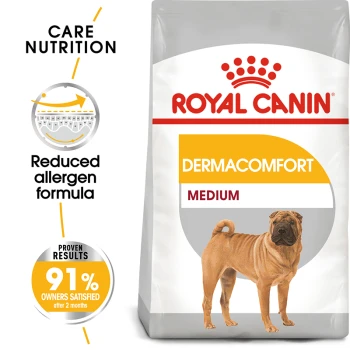 Royal Canin Dermacomfort Medium dog food bag featuring a Shar Pei, highlighting reduced allergen formula and 91% owner satisfaction.