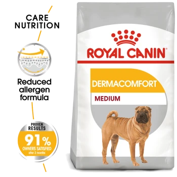 Royal Canin Dermacomfort Medium dog food bag featuring a Shar Pei, highlighting reduced allergen formula and 91% owner satisfaction.