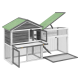 Holzhaustierhaus mit einem grünen geneigten Dach, mehreren Netzgehegen und einer offenen Tür, ideal für kleine Tiere.