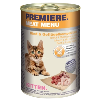 Eine Dose Premiere Meat Menu Katzenfutter mit einem Etikett für ein getigertes Kätzchen, das "Rind & Geflügel-Medley," "getreidefrei" und "100% frisches Fleisch" zeigt.